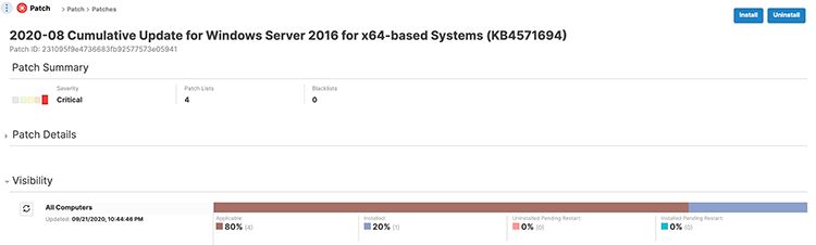Screenshot of patch management dashboard for Windows Server 2016 update deployment