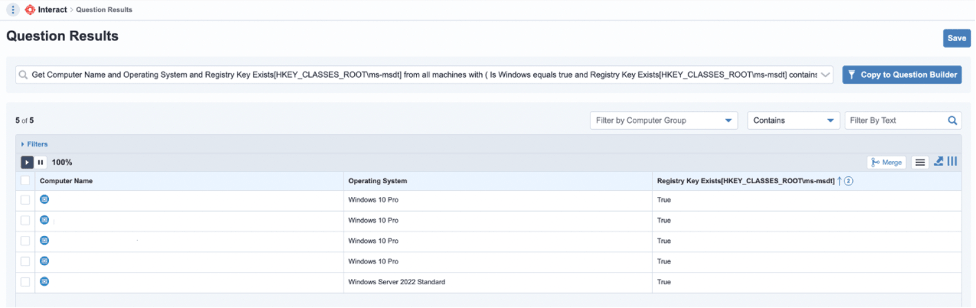 Screenshot of Tanium Question Results showing query data