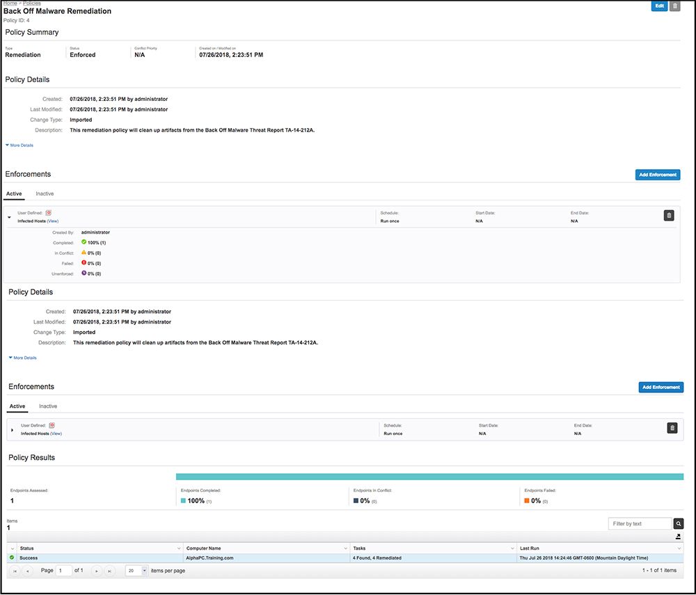 Tanium Protect Back Of Release Remediation ポリシーのスクリーンショットで、ポリシーの詳細、機能強化、およびコンプライアンス指標を含むポリシー結果が表示されています。