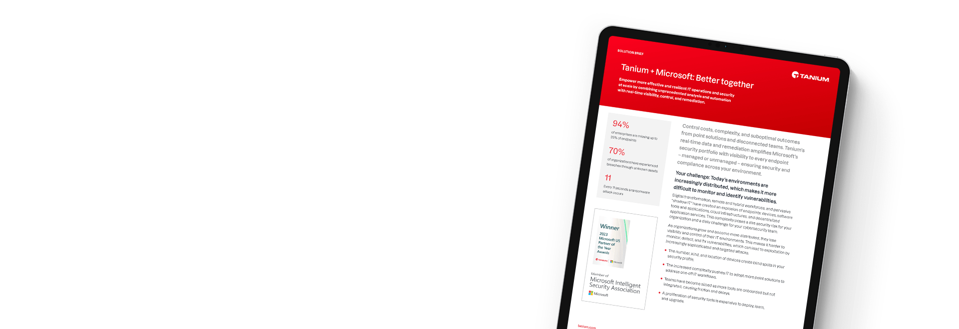 TaniumとMicrosoftのソリューション概要を表示するタブレット