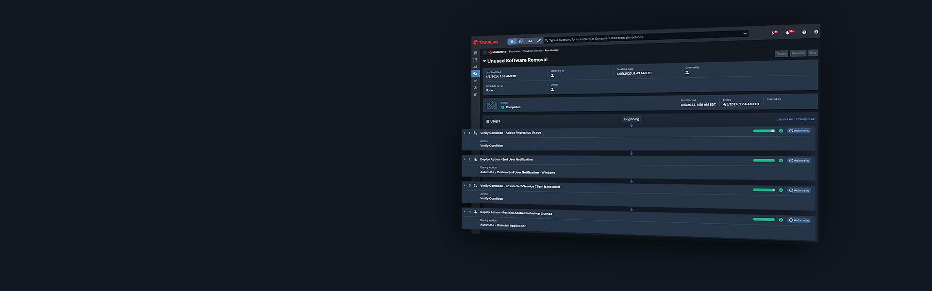 プレイブック実行ビジュアライゼーションを備えたTanium AutomateヒーローダッシュボードモックアップP