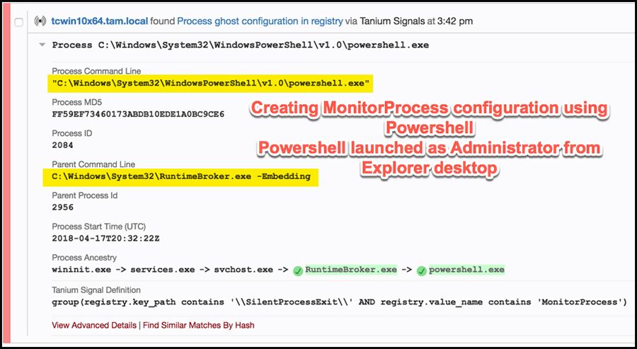 Tanium Signals によると、エクスプローラーから管理者権限で PowerShell が起動していることが確認されました