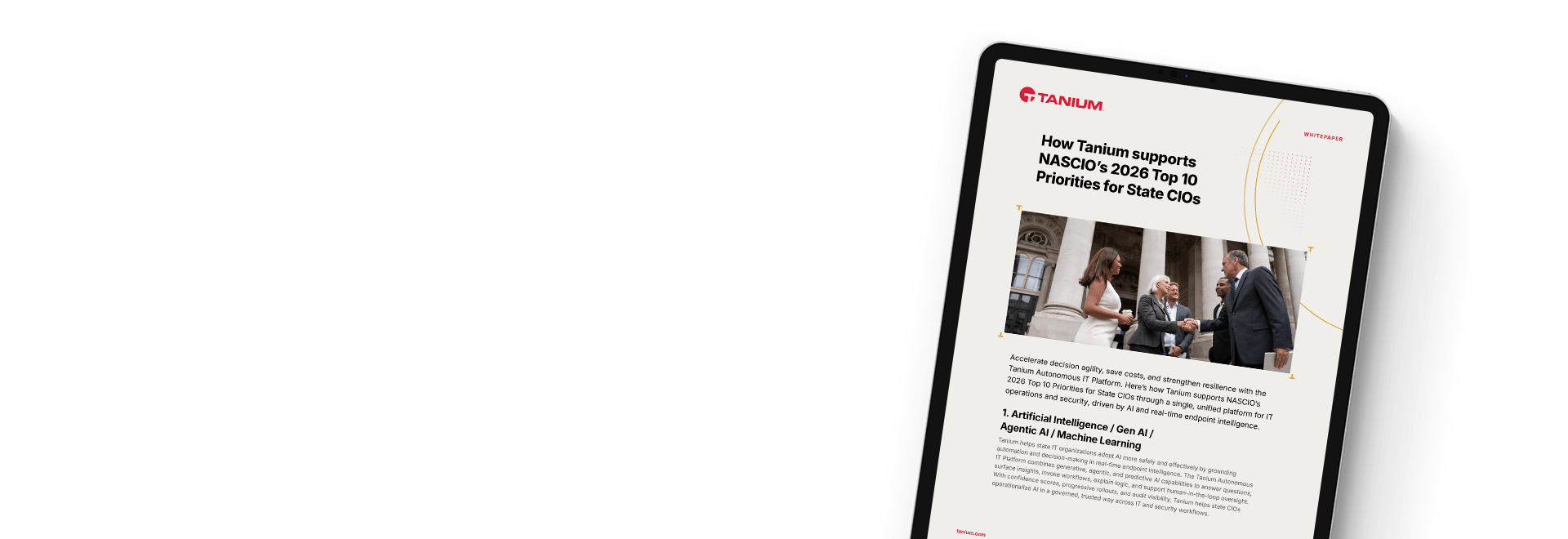 リソース「Tanium が州の IT リーダーによる NASCIO 優先事項への対応を支援」を表示するタブレット
