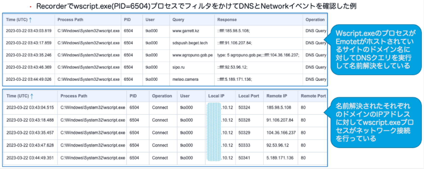 Process details showing wscript.exe DNS and network activity for malware command and control communication