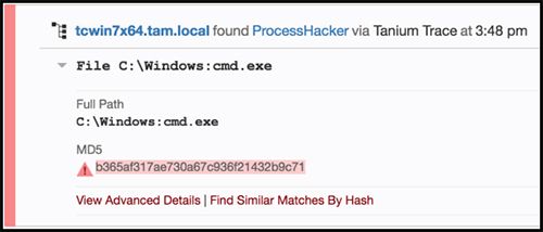 Tanium Trace で cmd.exe および ProcessHacker のプロセス詳細を表示しています