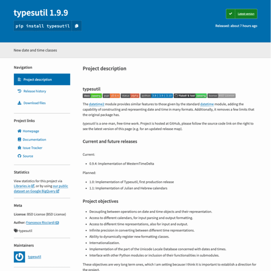 悪意のあるパッケージ「typesutil」のPyPIランディングページ