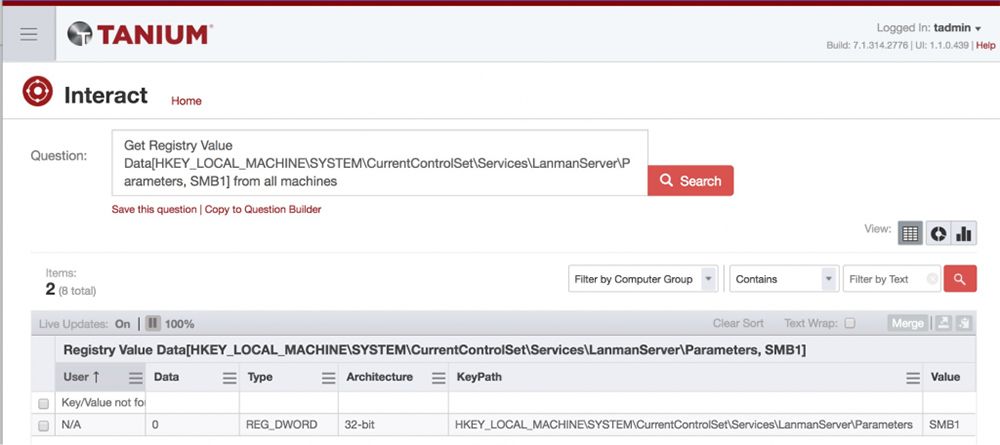 Tanium Interactのクエリにより、各マシンに展開されたWindowsレジストリ「 SMB1 」の設定が表示されています