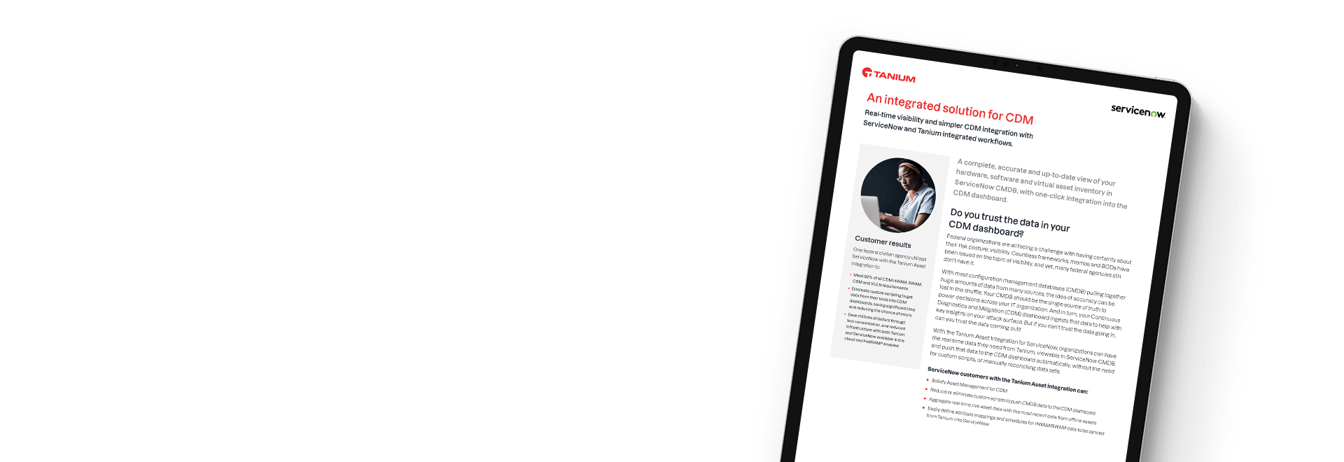 ポートレート付きCDMソリューション概要のTanium + ServiceNowを表示するタブレット