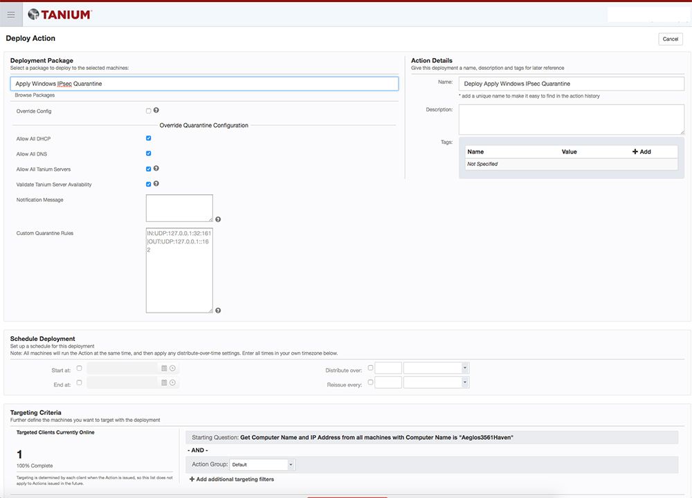 Taniumの「Deploy Action」フォームの製品スクリーンショット