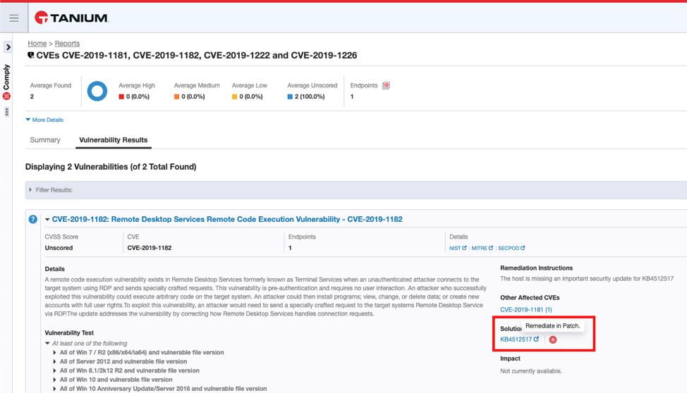 CVE 情報を表示した、Tanium Comply の脆弱性診断結果のスクリーンショット