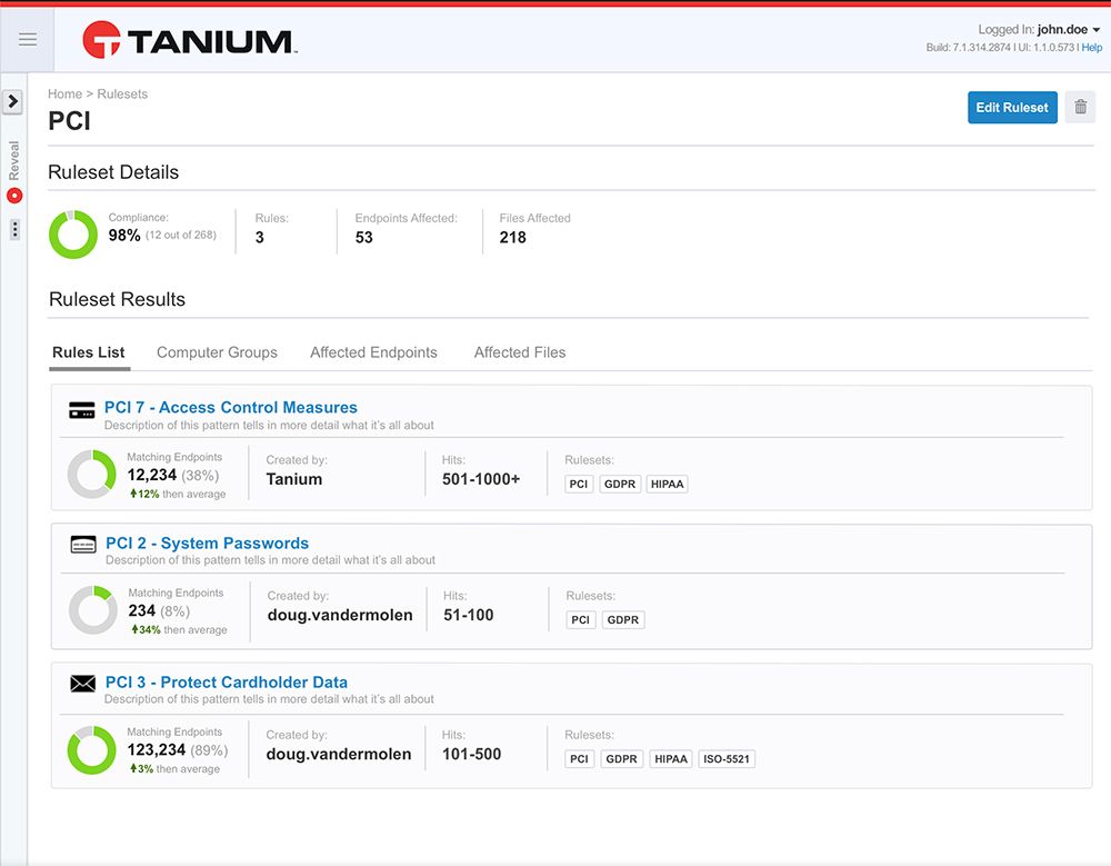 PCIコンプライアンスのルールセットの結果と脆弱性管理の指標を表示した、Tanium Revealのスクリーンショット