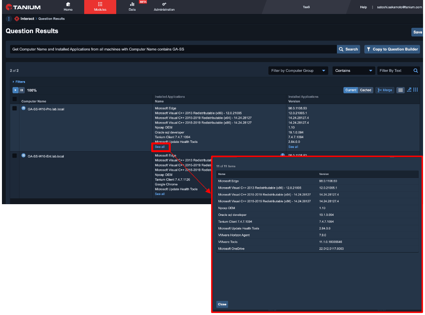 Screenshot of Tanium computer asset query showing installed application details