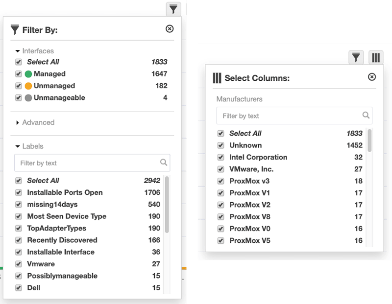ネットワークフィルタリングとメーカー列の選択が表示されたTanium Discoverのインターフェース