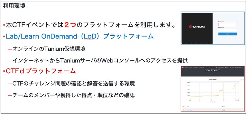 CTF Event platforms slide showing Lab/Learn OnDemand and CTF platform with Tanium branding