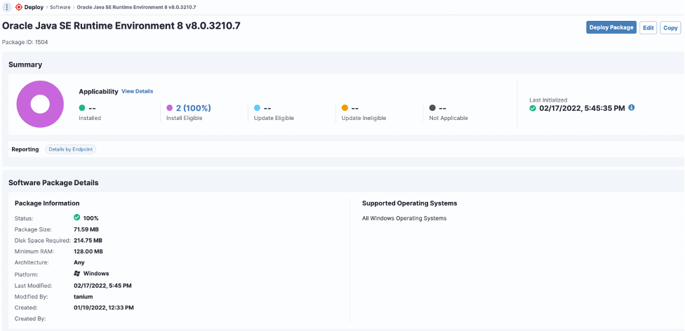 Screenshot of Oracle Java SE Runtime Environment package installation details