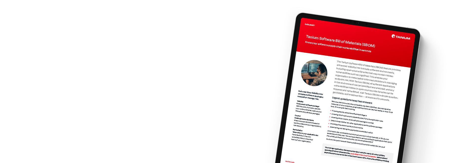 Tanium ソフトウェア部品表 SBOM ブリーフを表示するタブレット