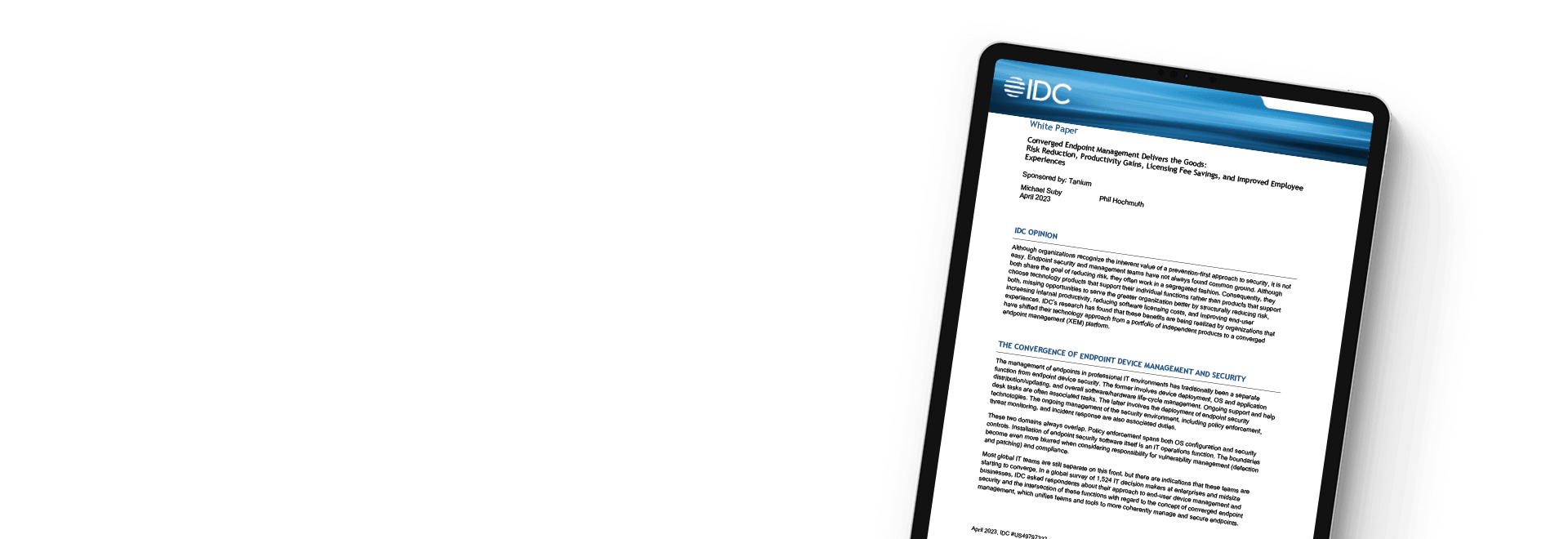 IDCホワイトペーパー「Converged Endpoint Management Delivers the Goods」を表示するタブレット