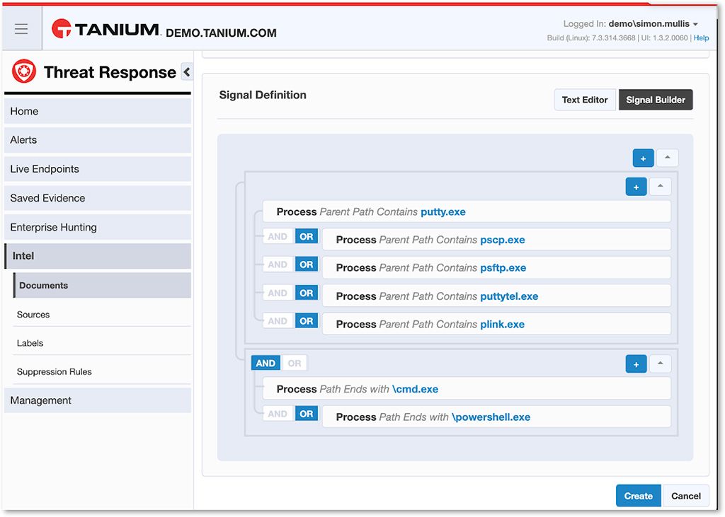 AND/ORロジックを用いたTanium Threat Response Signal Definition Builderのスクリーンショットで、putty.exeおよび関連する実行ファイルのプロセス検出ルールが表示されています。