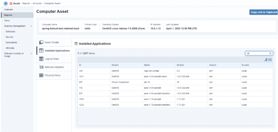 Screenshot of Tanium computer asset query showing different application installations