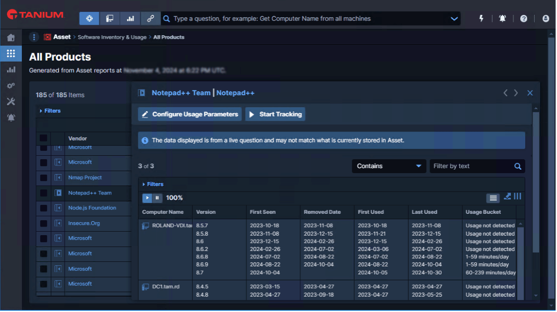 Tanium Software Inventoryのスクリーンショットで、すべての製品カタログとインストール統計が表示されています