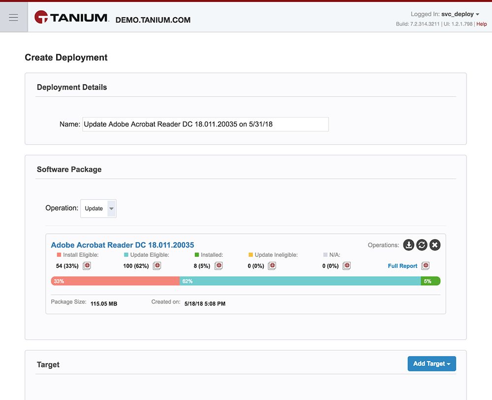 Adobe Acrobat Readerの更新プログラム向けのTanium Deploy展開作成インターフェース。対象状況とインストール進捗が表示されます。