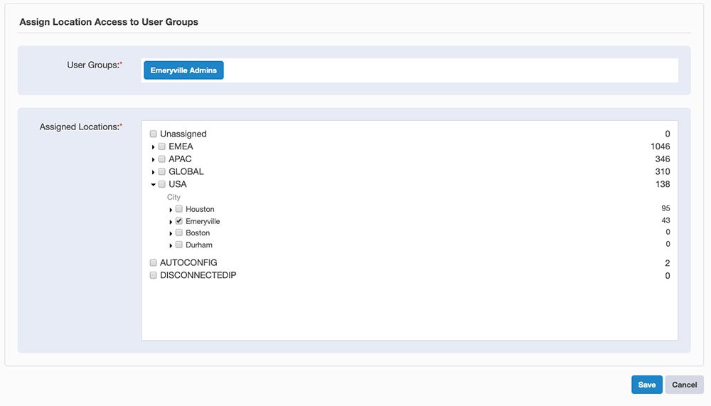 ユーザーグループに対する位置情報のアクセス権限の割り当てを表示するTanium Discoverのインターフェース