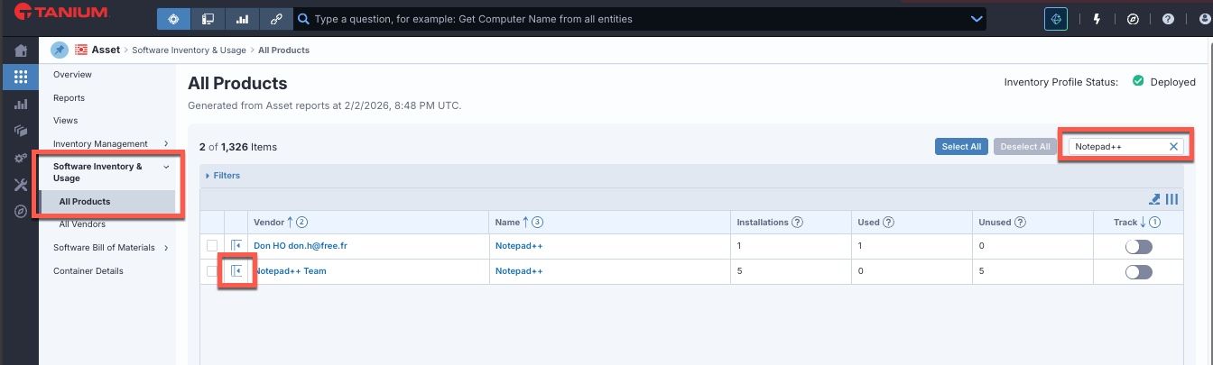 Tanium Software Usage and Inventoryのスクリーンショットです。Notepad++を実行しているデバイスを探すためのクリックパスが示されています。