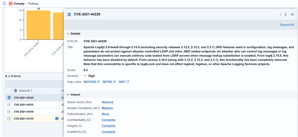 Screenshot of Tanium interface showing CVE-2021-44228 Apache Log4j vulnerability data
