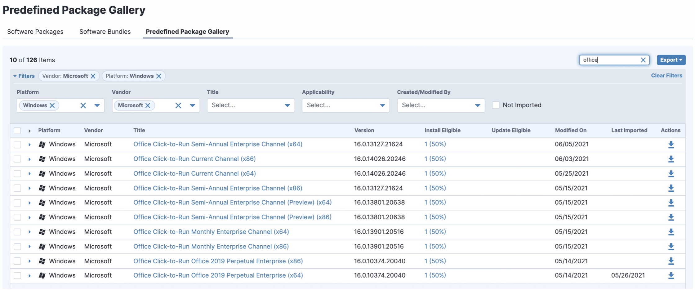 Screenshot of predefined package gallery for Office and Windows packages