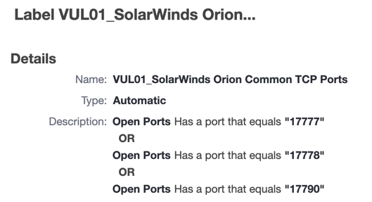 SolarWinds Orion attack label details showing VUL01 automatic rule for common TCP ports 17777, 17778, and 17790