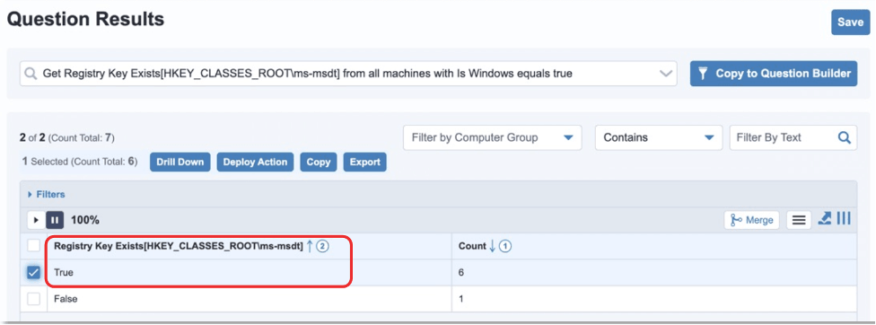 Screenshot of Tanium Question Results showing registry query