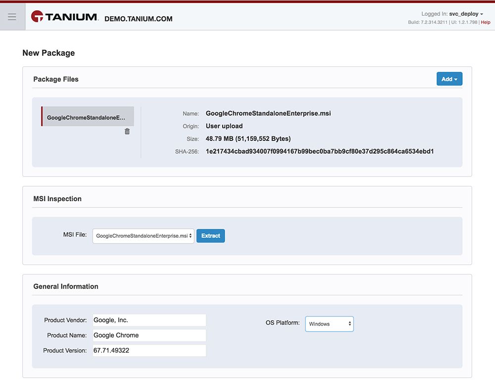 Google ChromeのMSIファイルのアップロードやパッケージの詳細が表示された、Tanium Deployのパッケージ作成インターフェース