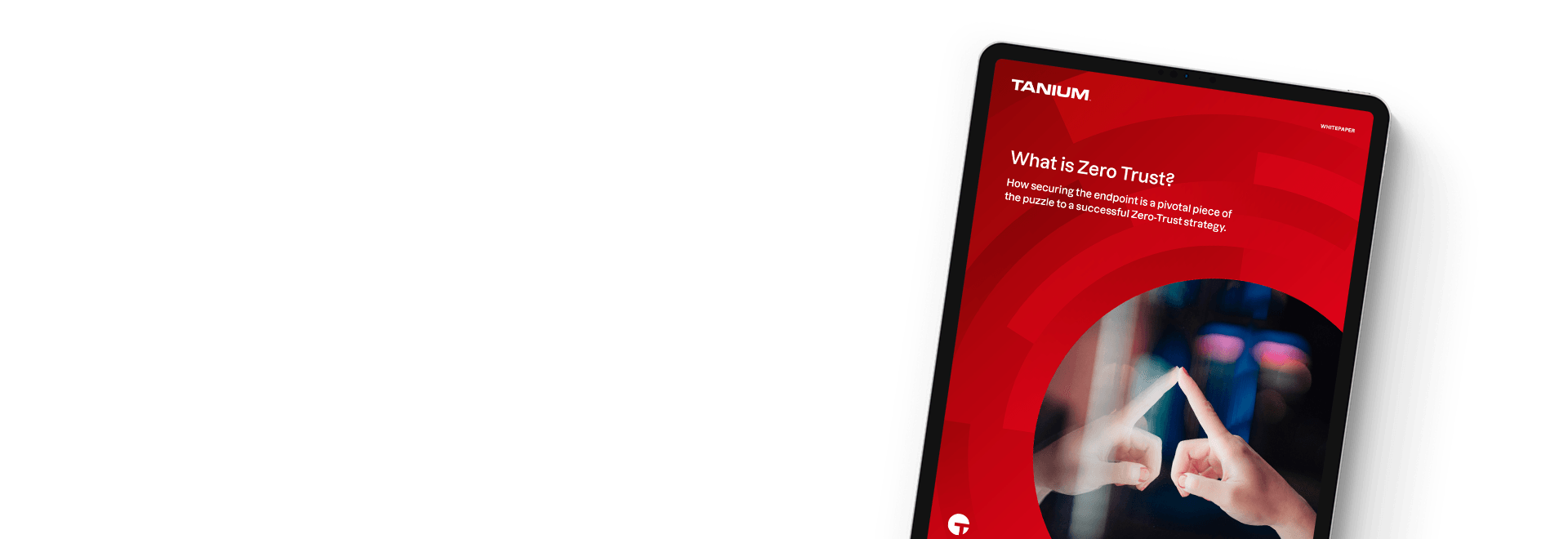 Tablet mockup of "What is Zero Trust?" whitepaper with abstract security imagery