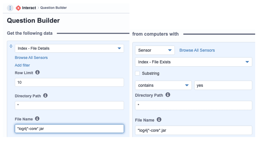 Screenshot of Tanium Question Builder interface for file search configuration
