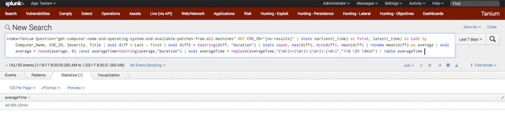 セキュリティ更新情報の集計に関する検索クエリを表示したSplunkのインターフェース