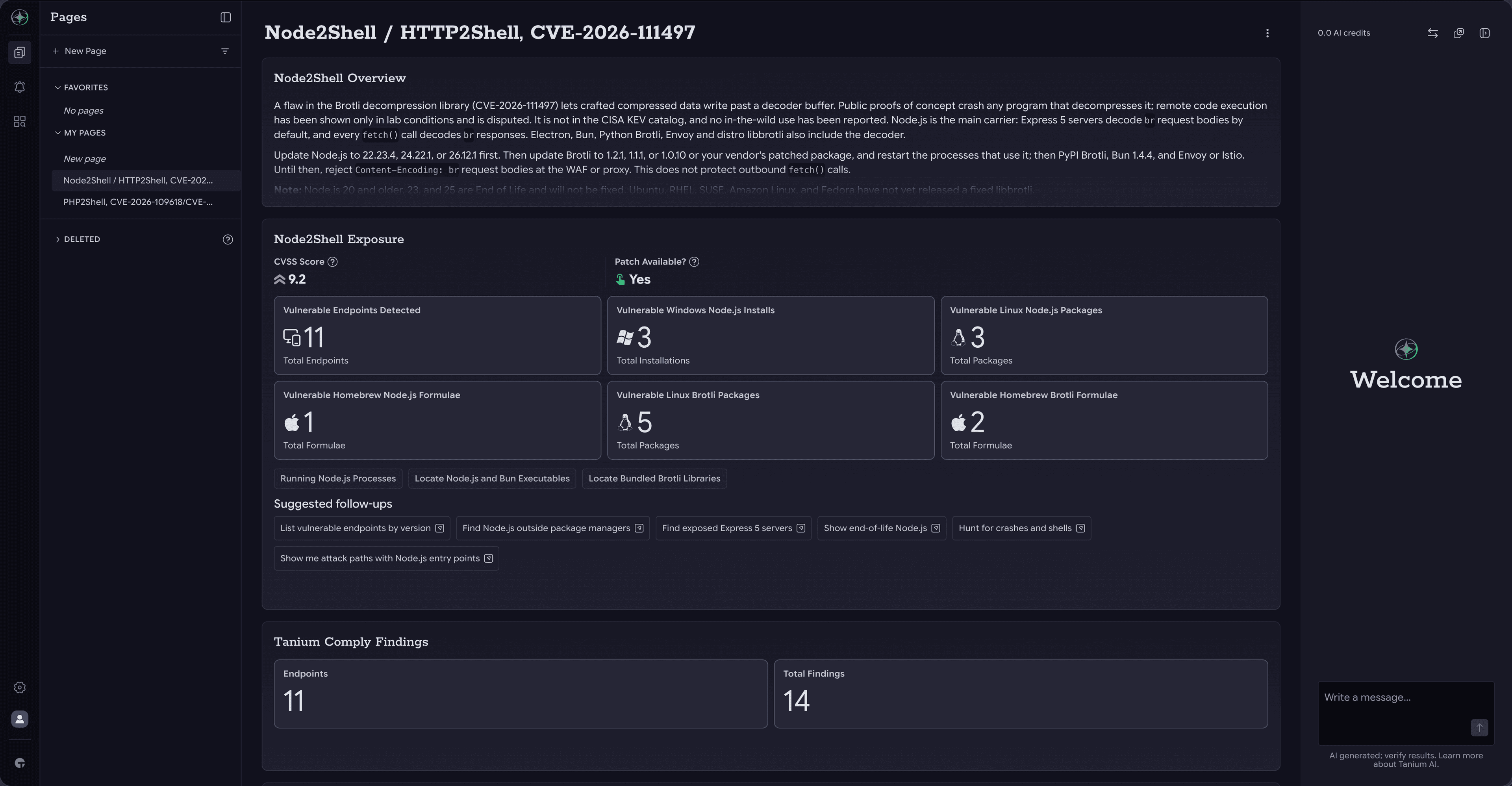 Tanium Atlasの Node2Shell / HTTP2Shell (CVE-2026-111497) に関するページには、CVSSスコア 9.2、パッチの入手可能性、および脆弱性のあるエンドポイント、Node.jsのインストール数、Brotliパッケージの数が表示されています。