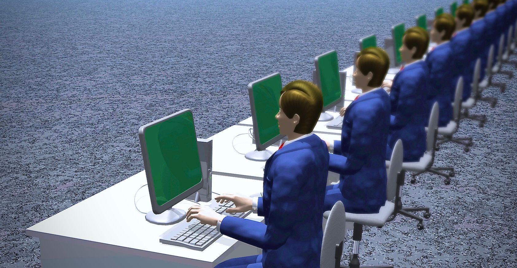 デスクトップパソコンがずらりと並んだ机で仕事をしている、架空のビジネスマンたちのCG画像です。