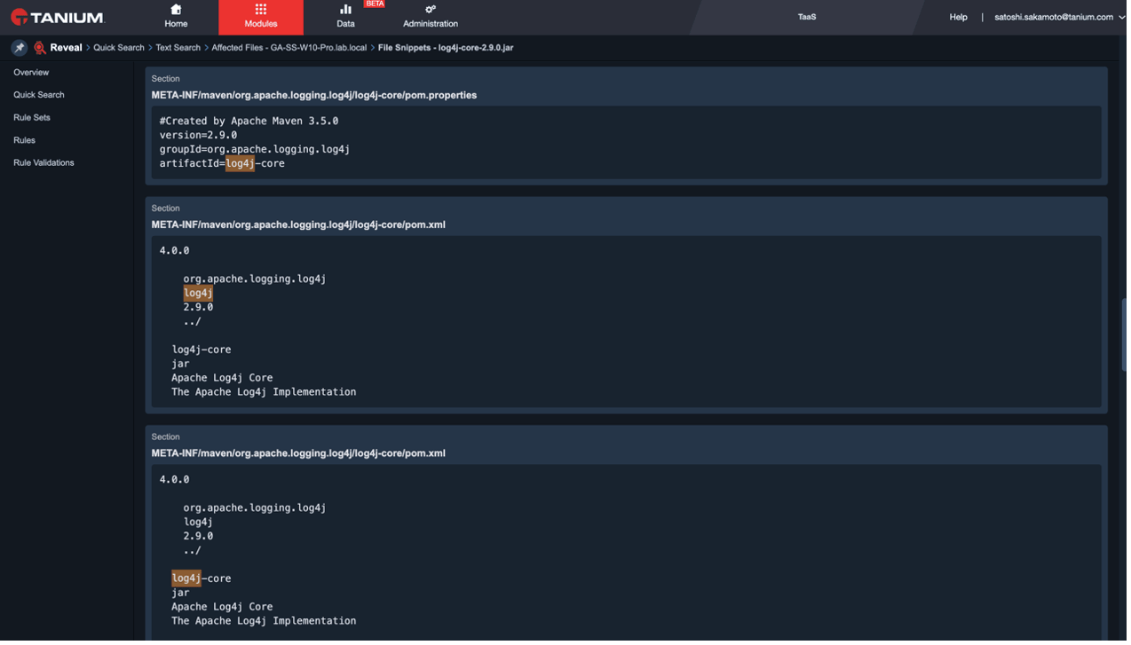 Screenshot of Tanium Reveal vulnerability search results highlighting log4j components