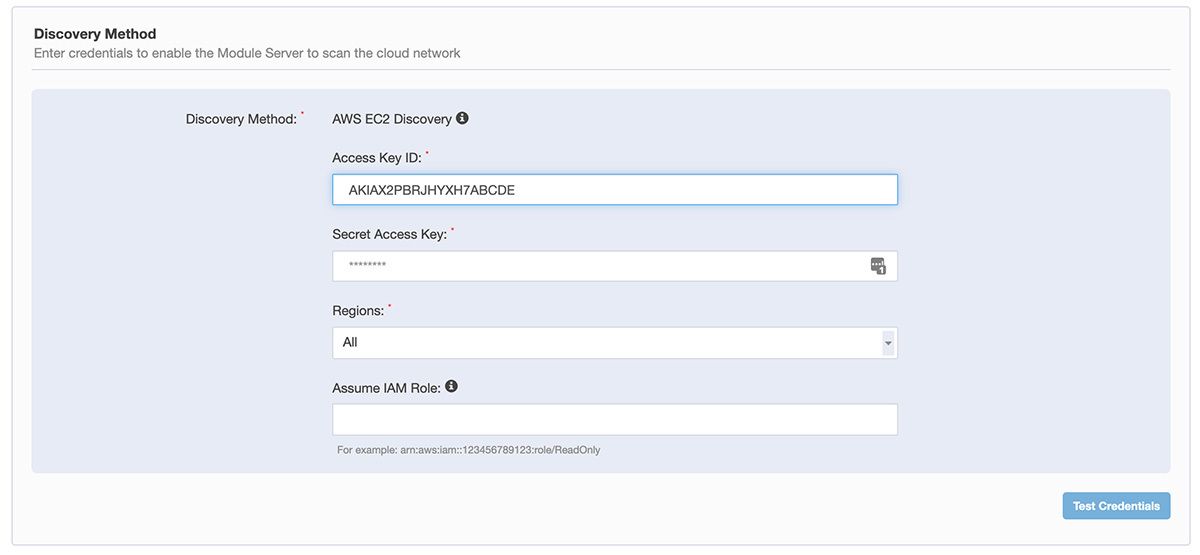 AWS EC2 ディスカバリー設定およびアクセスキー入力欄が表示された、Tanium Discover の「ディスカバリー方法」設定フォームのスクリーンショット