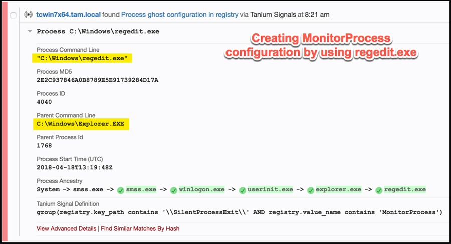 Tanium Signalsは、regeditを介したプロセスのゴースト設定についてアラートを発します