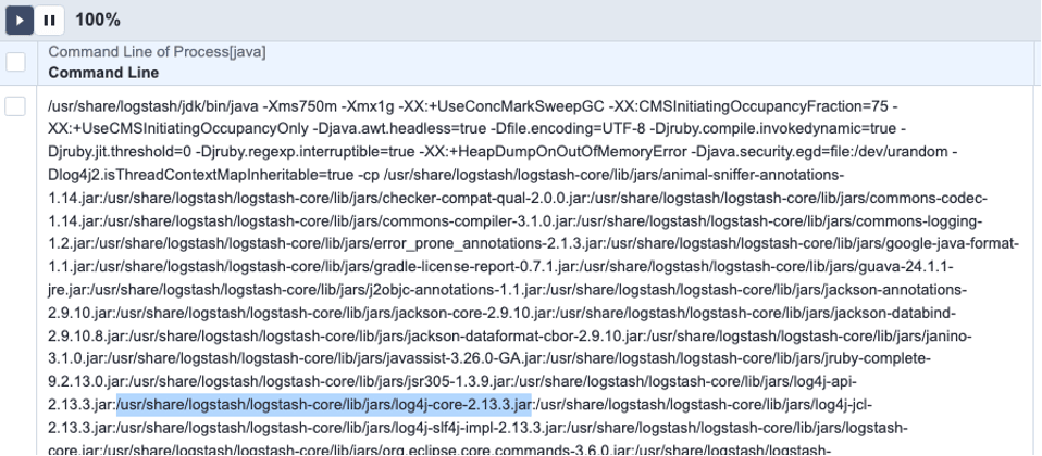 Screenshot of command line execution results showing Java processes with log4j