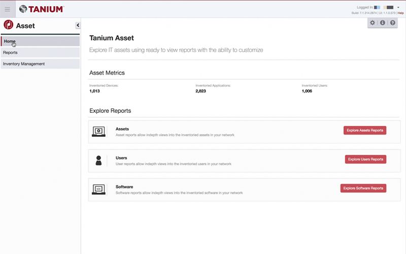 「Asset Metrics」および「Explore Reports」セクションが表示された、Tanium Assetのホーム画面のスクリーンショットです。