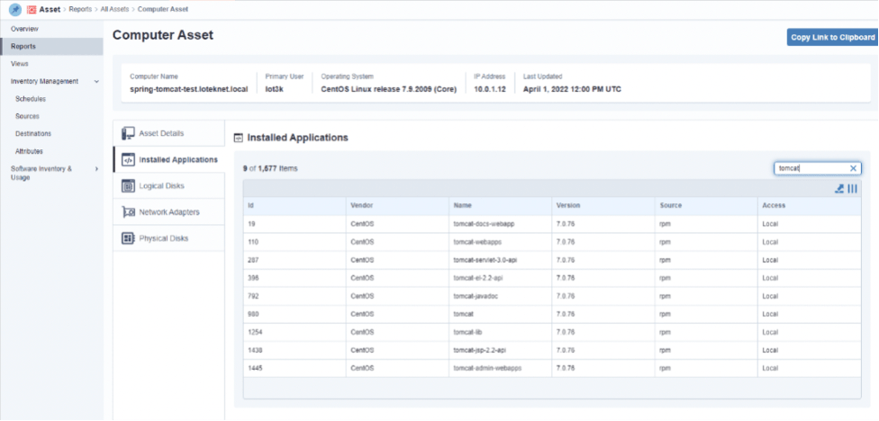 Screenshot of Tanium computer asset showing installed applications