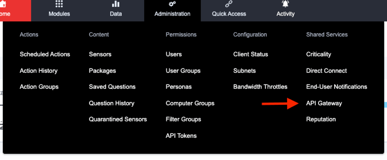 スクリーンショット 2:Tanium コンソール内の API Gateway の位置を示す