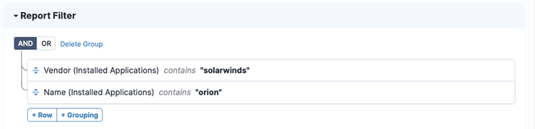 Report Filter interface showing AND/OR logic with vendor and installed applications filtering for SolarWinds and Orion