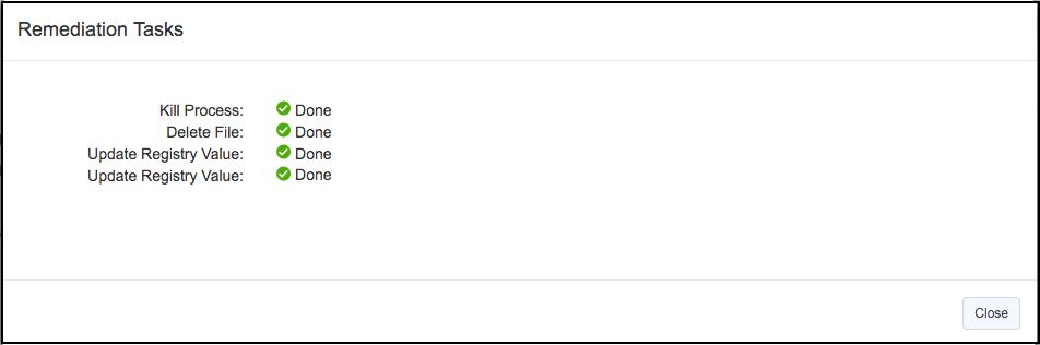 「プロセスの終了」、「ファイルの削除」、「レジストリの更新」といった修復タスクがすべて「完了」とマークされている様子を示すスクリーンショットです