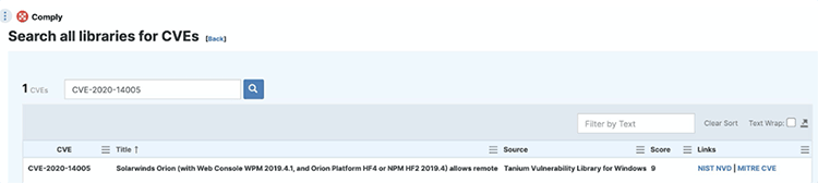 Tanium Comply module showing CVE vulnerability search for CVE-2020-14005 with SolarWinds Orion vulnerability library reference
