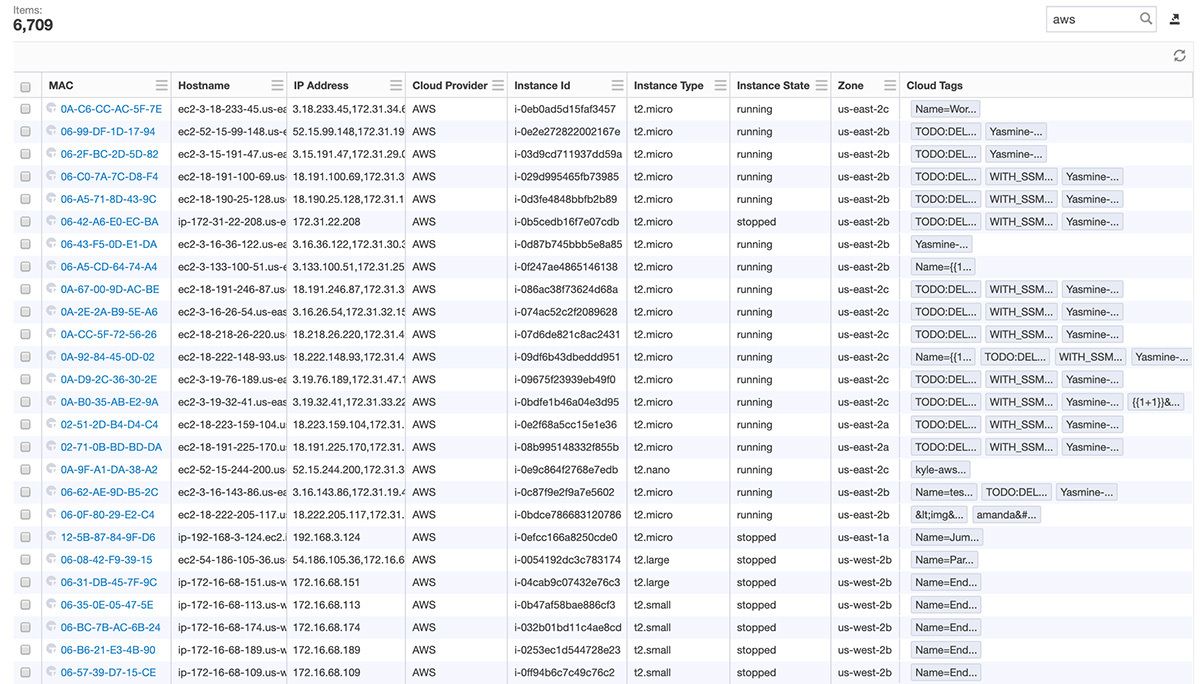 Tanium Discoverのスクリーンショットで、検出された 6,709 台のエンドポイントの一覧が表示されており、MACアドレス、ホスト名、クラウドプロバイダー、およびインスタンスの詳細が記載されています。
